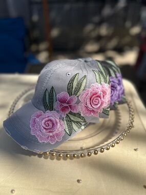 Lavender Floral Embroidered Baseball Cap - Pink & Purple Flowers